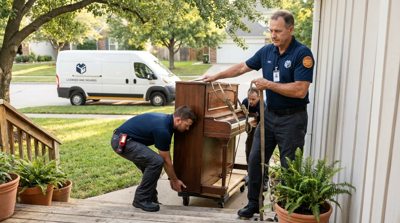 Licensed piano movers securing grand piano in Spotswood, NJ
