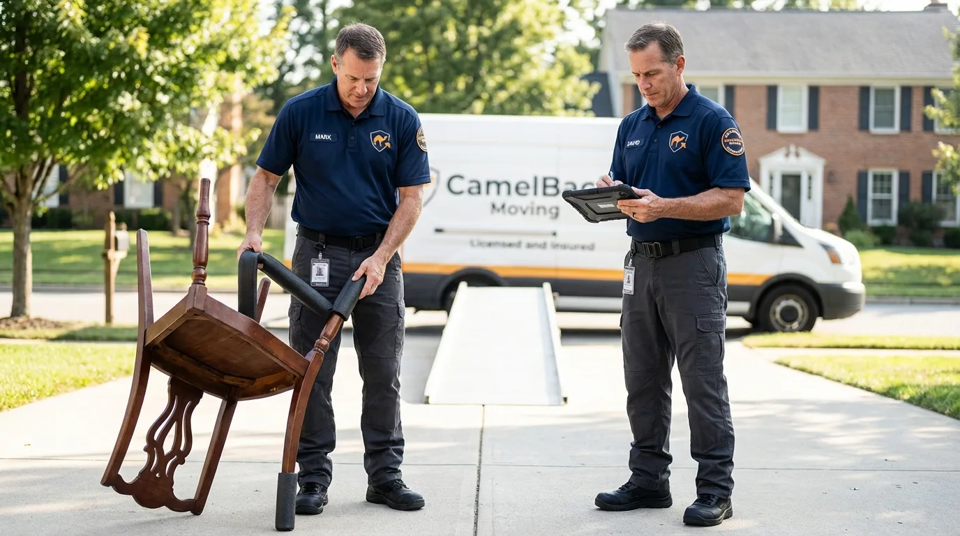 Movers inspecting furniture for damage prevention before loading in Spotswood, NJ