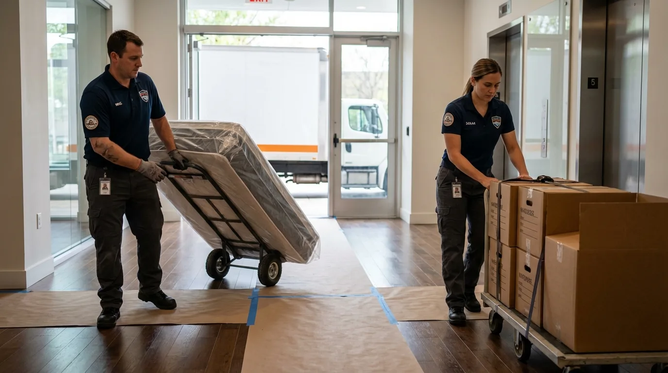 Professional apartment movers loading elevator in Spotswood, NJ